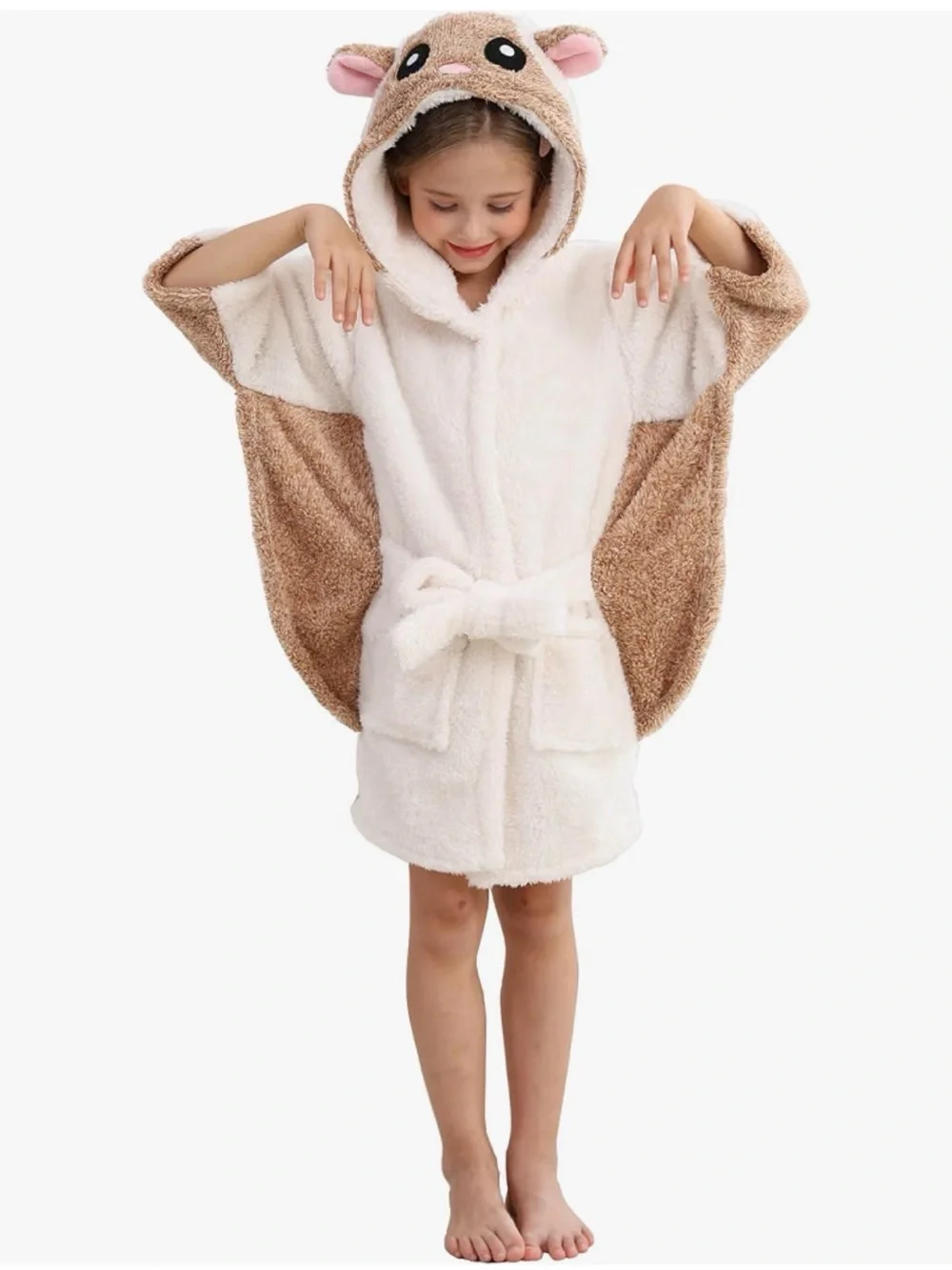 Kids Cream & Brown Animal Hooded Robe - Cozy Plush Bathrobe Size 6/7 years NWT
